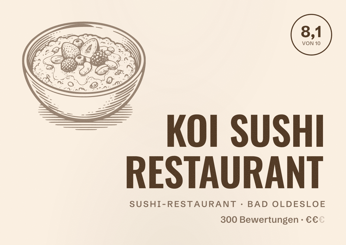 Illustriertes Poster von KOI SUSHI RESTAURANT, Sushi-Restaurant in Bad Oldesloe: Bewertung 8,1 von 10 aus 300 Bewertungen, Preisniveau €€