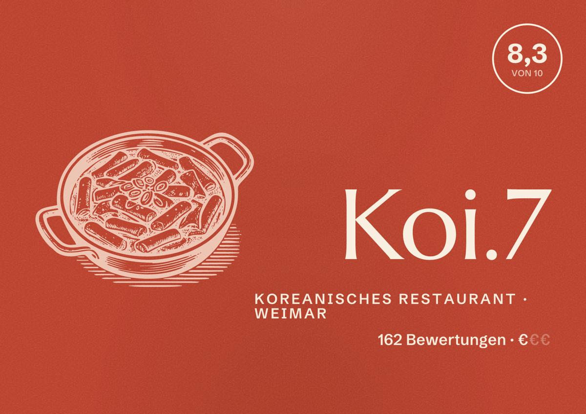 Illustriertes Poster von Koi.7, Koreanisches Restaurant in Weimar: Bewertung 8,3 von 10 aus 162 Bewertungen, Preisniveau €