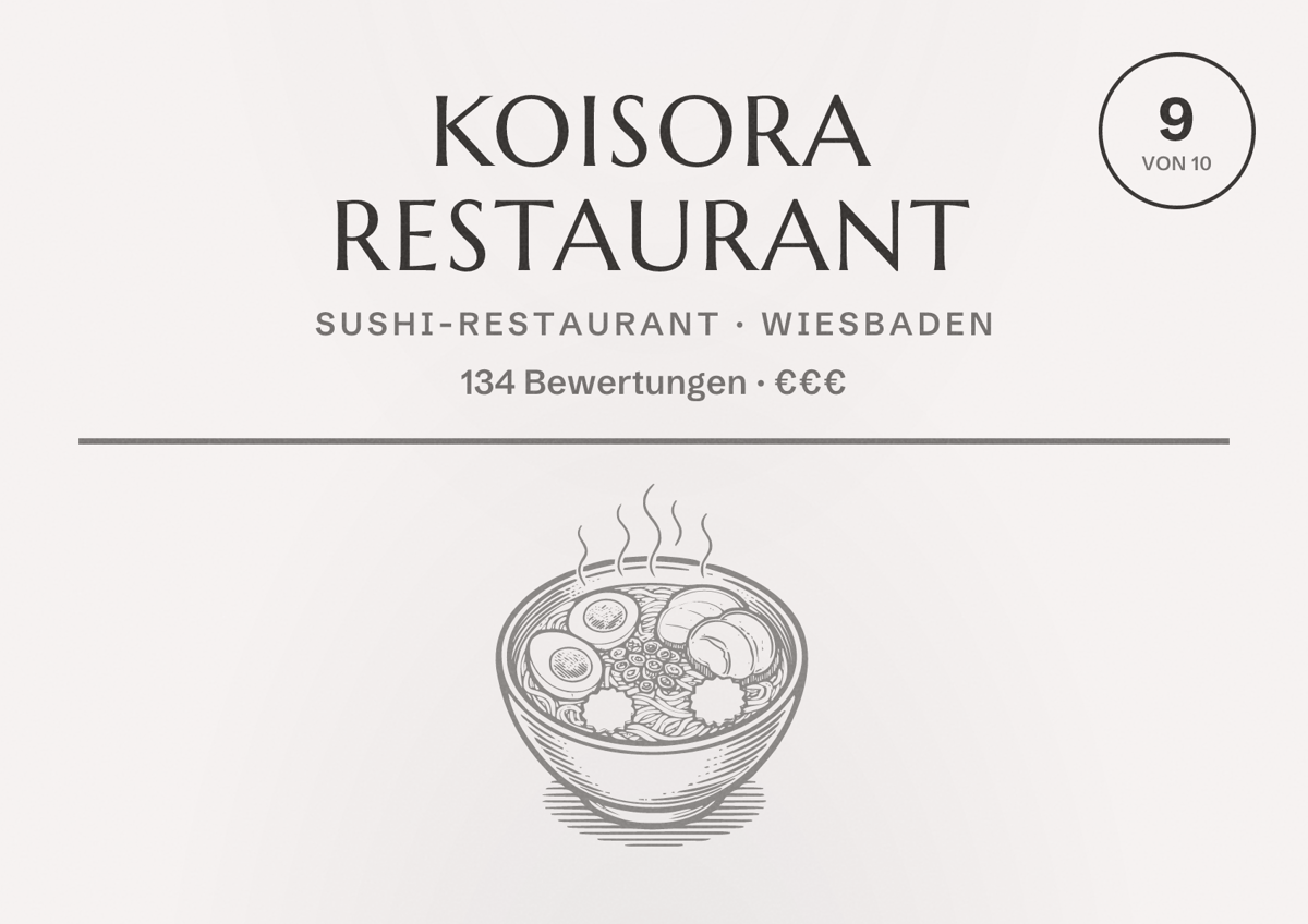 Illustriertes Poster von KoiSora Restaurant, Sushi-Restaurant in Wiesbaden: Bewertung 9 von 10 aus 134 Bewertungen, Preisniveau €€€