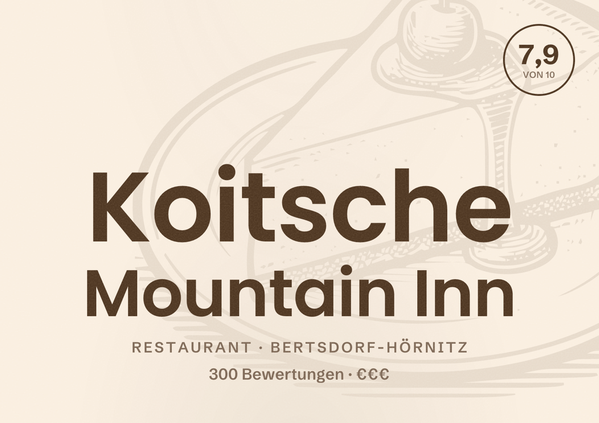 Illustriertes Poster von Koitsche Mountain Inn, Restaurant in Bertsdorf-Hörnitz: Bewertung 7,9 von 10 aus 300 Bewertungen, Preisniveau €€€