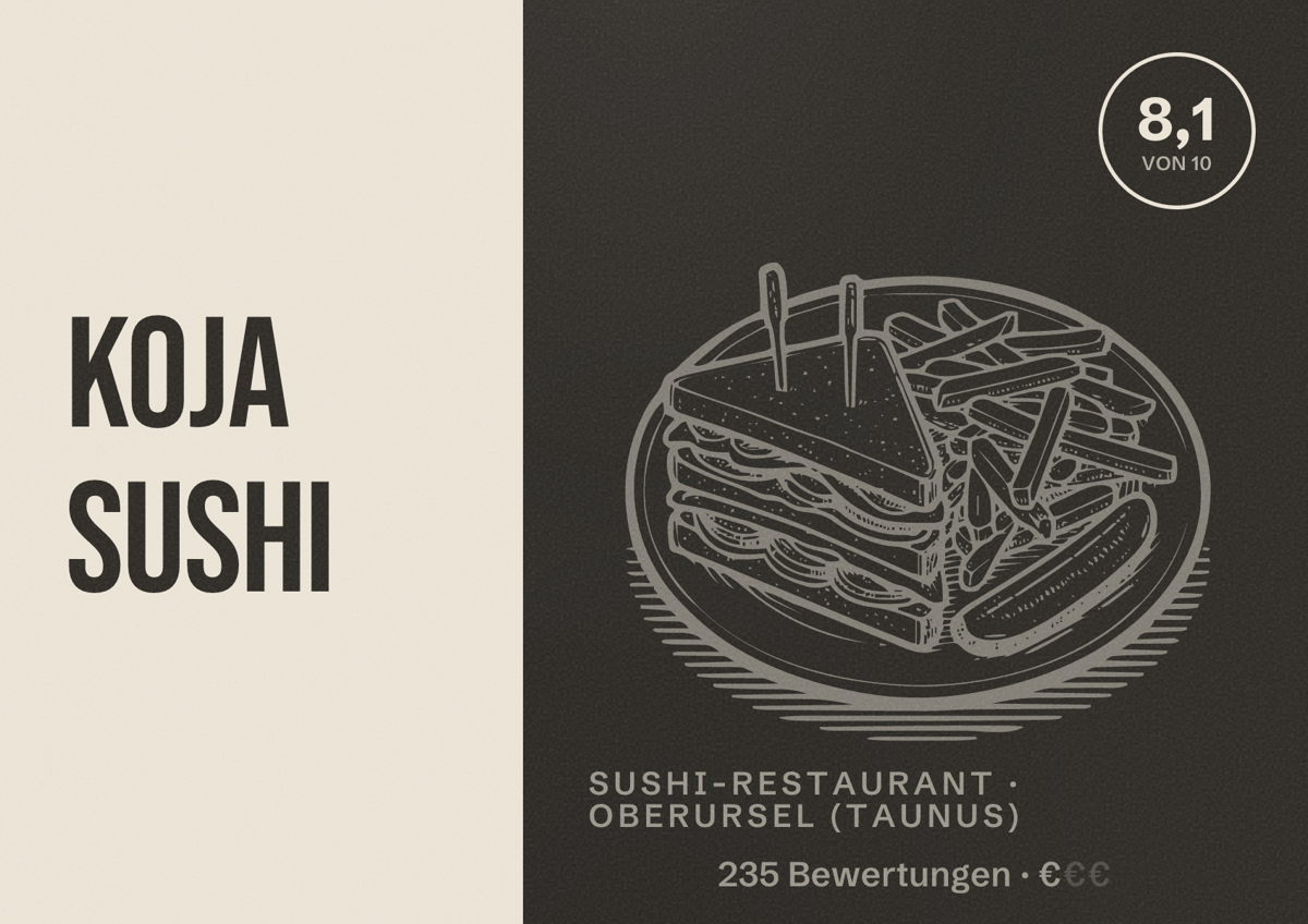 Illustriertes Poster von Koja Sushi, Sushi-Restaurant in Oberursel (Taunus): Bewertung 8,1 von 10 aus 235 Bewertungen, Preisniveau €