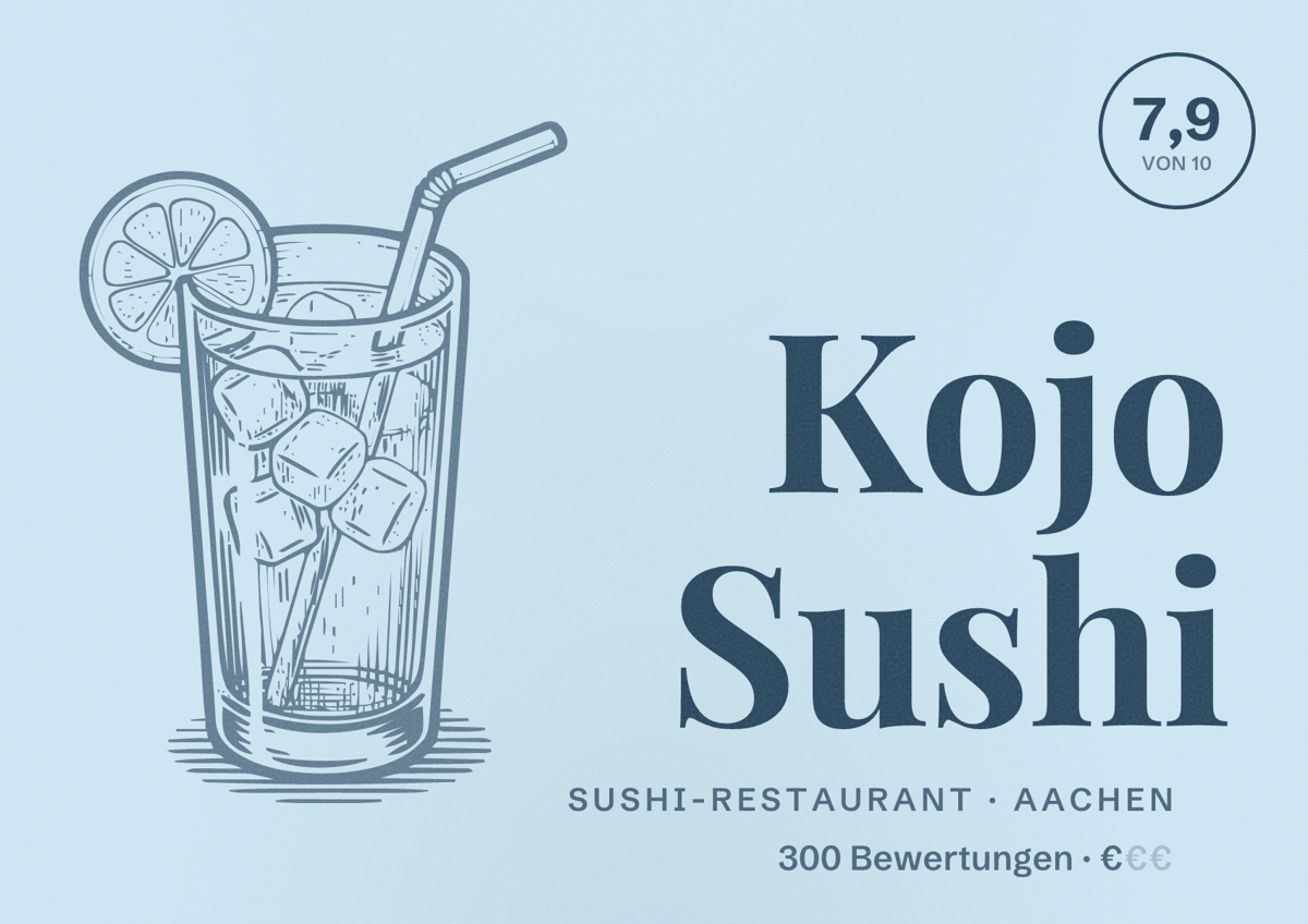 Illustriertes Poster von Kojo Sushi, Sushi-Restaurant in Aachen: Bewertung 7,9 von 10 aus 300 Bewertungen, Preisniveau €