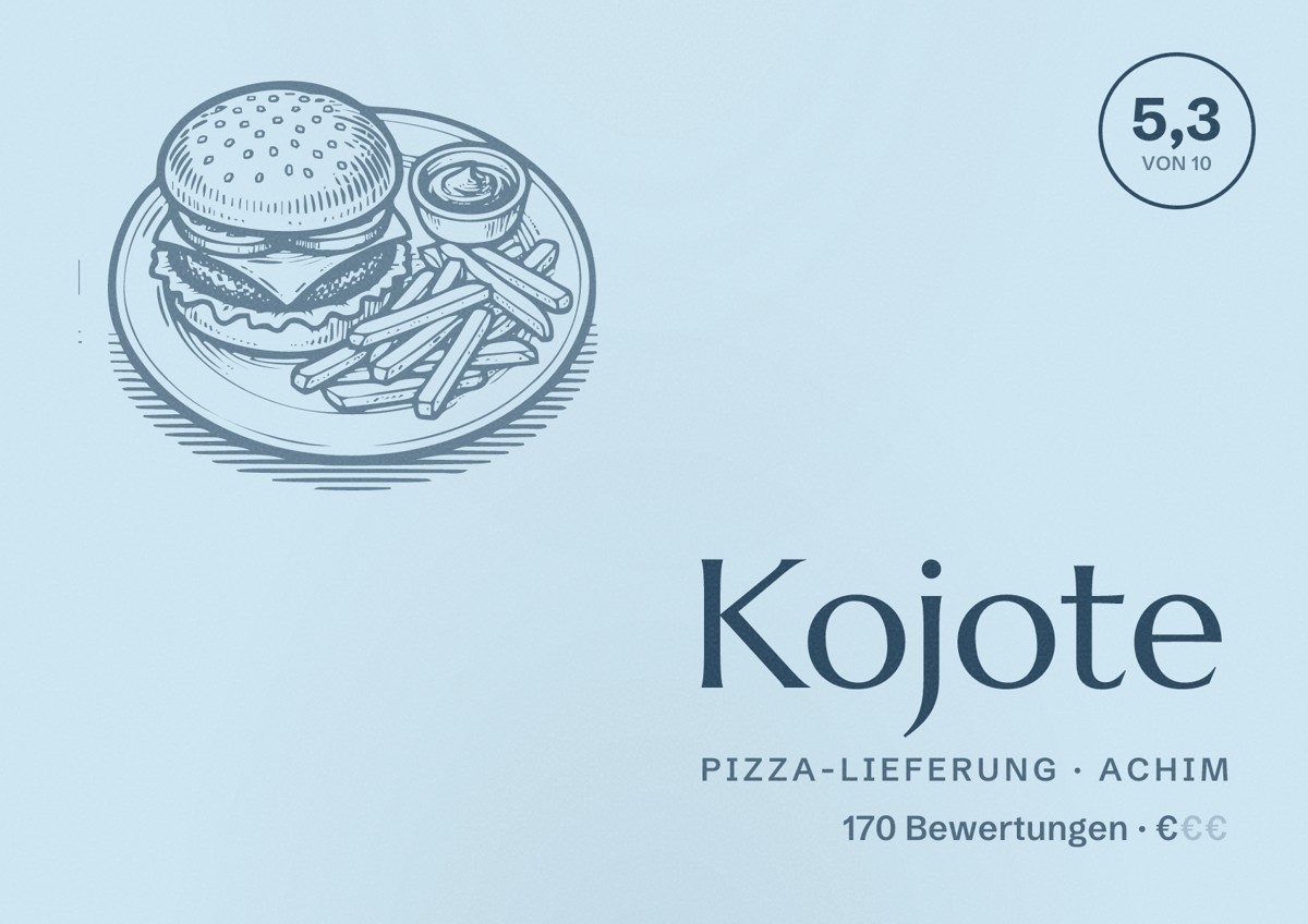 Illustriertes Poster von Kojote, Pizza-Lieferung in Achim: Bewertung 5,3 von 10 aus 170 Bewertungen, Preisniveau €