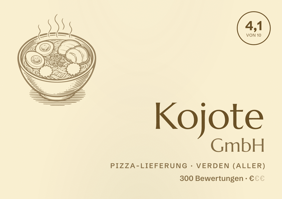 Illustriertes Poster von Kojote GmbH, Pizza-Lieferung in Verden (Aller): Bewertung 4,1 von 10 aus 300 Bewertungen, Preisniveau €