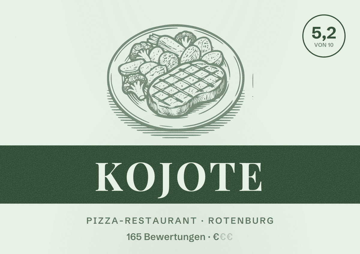 Illustriertes Poster von Kojote, Pizza-Restaurant in Rotenburg: Bewertung 5,2 von 10 aus 165 Bewertungen, Preisniveau €