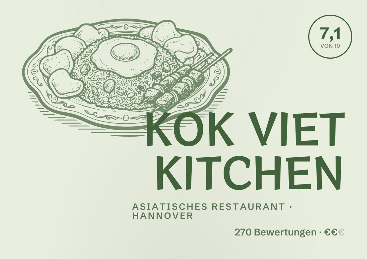 Illustriertes Poster von KOK VIET KITCHEN, Asiatisches Restaurant in Hannover: Bewertung 7,1 von 10 aus 270 Bewertungen, Preisniveau €€