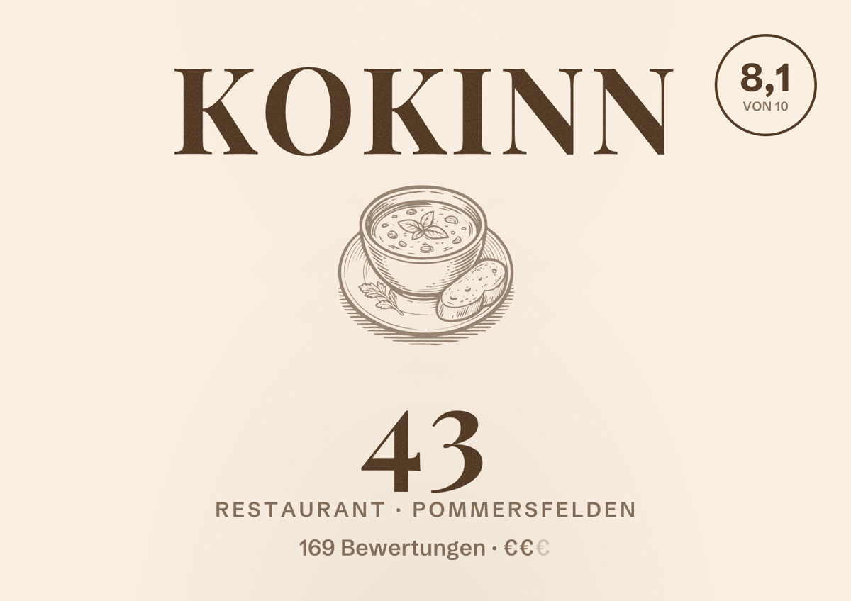 Illustriertes Poster von Kokinn 43, Restaurant in Pommersfelden: Bewertung 8,1 von 10 aus 169 Bewertungen, Preisniveau €€