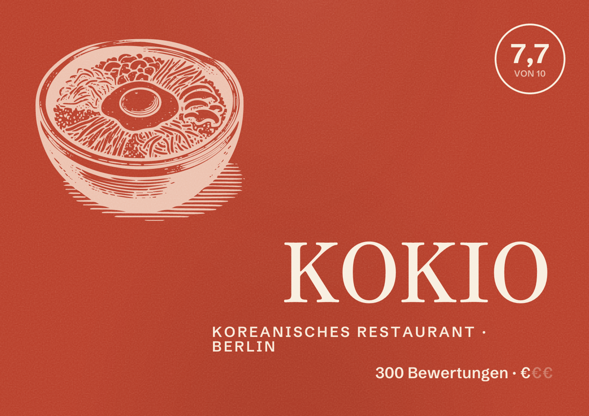 Illustriertes Poster von KOKIO, Koreanisches Restaurant in Berlin: Bewertung 7,7 von 10 aus 300 Bewertungen, Preisniveau €