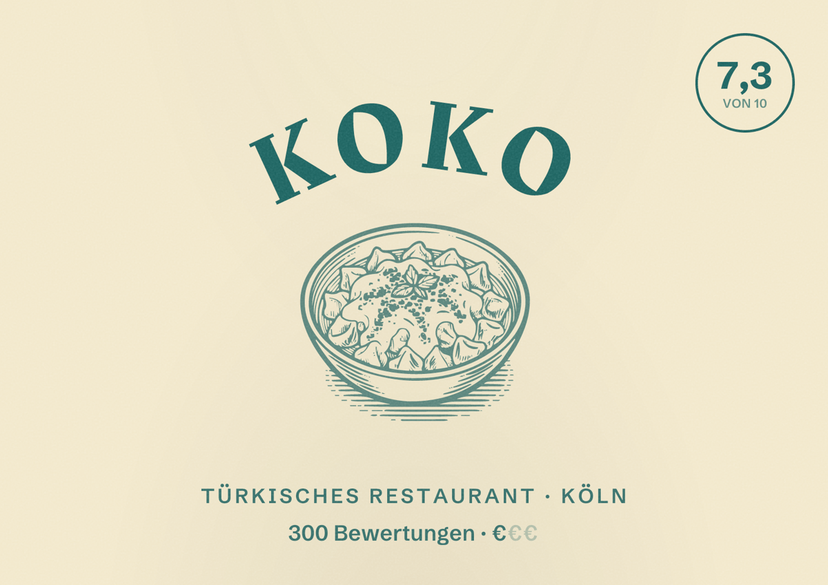 Illustriertes Poster von Koko, Türkisches Restaurant in Köln: Bewertung 7,3 von 10 aus 300 Bewertungen, Preisniveau €