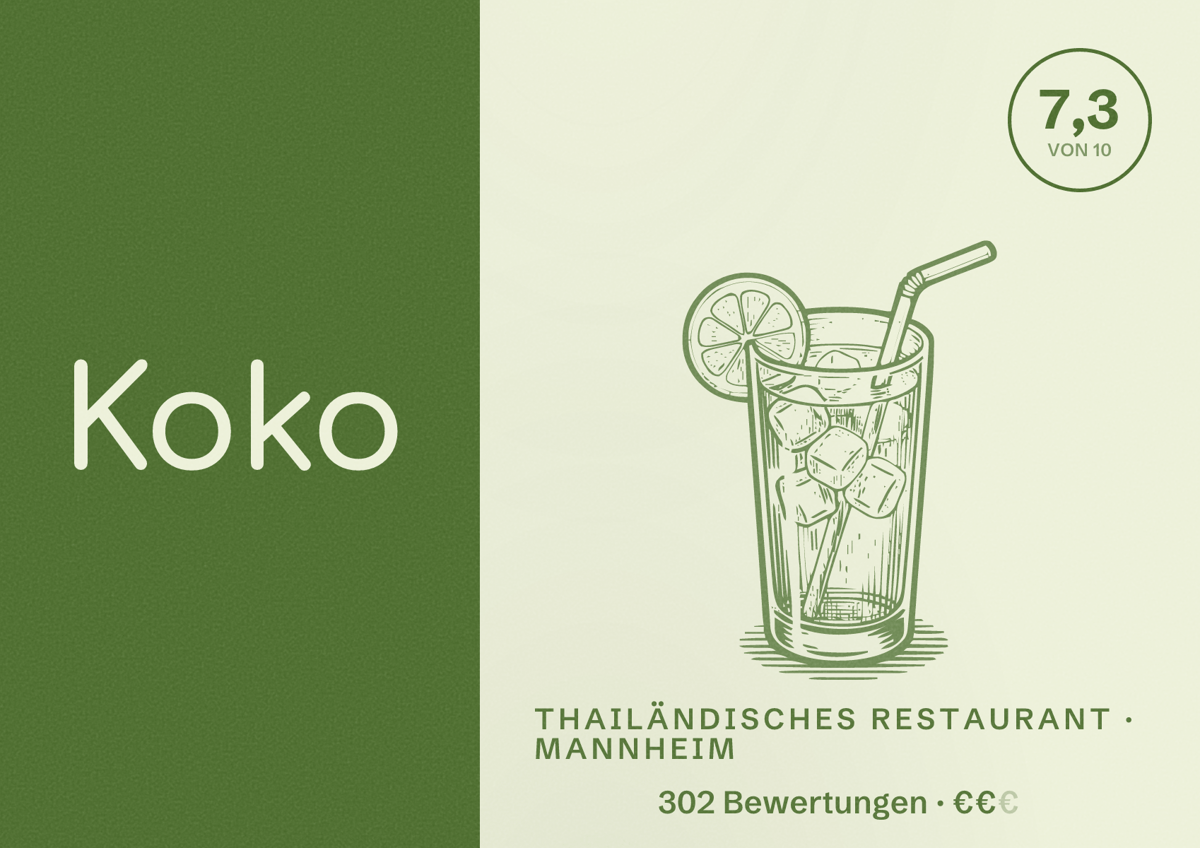 Illustriertes Poster von Koko, Thailändisches Restaurant in Mannheim: Bewertung 7,3 von 10 aus 302 Bewertungen, Preisniveau €€