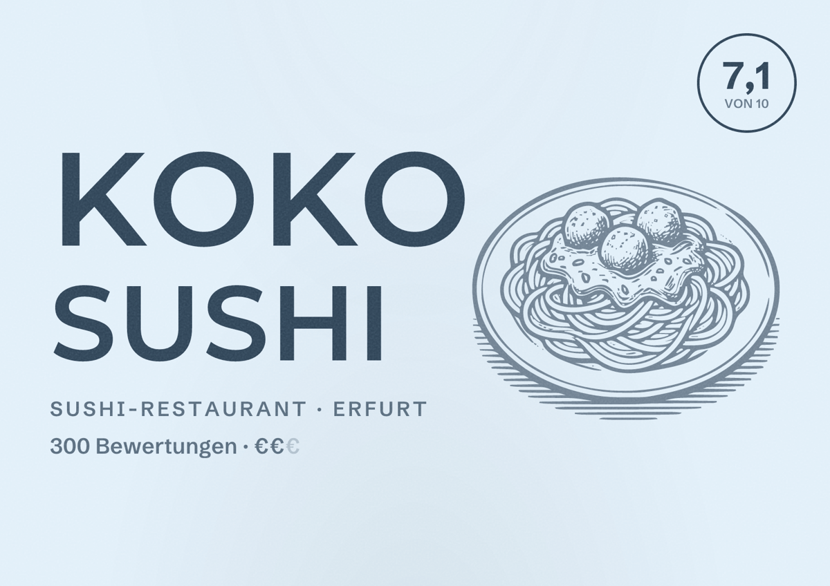 Illustriertes Poster von Koko Sushi, Sushi-Restaurant in Erfurt: Bewertung 7,1 von 10 aus 300 Bewertungen, Preisniveau €€