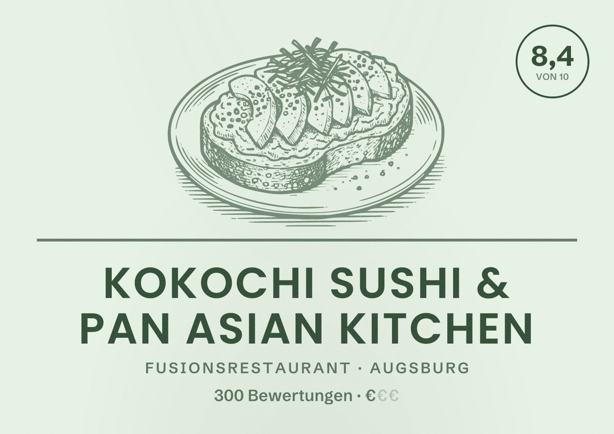 Illustriertes Poster von KOKOCHI Sushi & Pan Asian Kitchen, Fusionsrestaurant in Augsburg: Bewertung 8,4 von 10 aus 300 Bewertungen, Preisniveau €