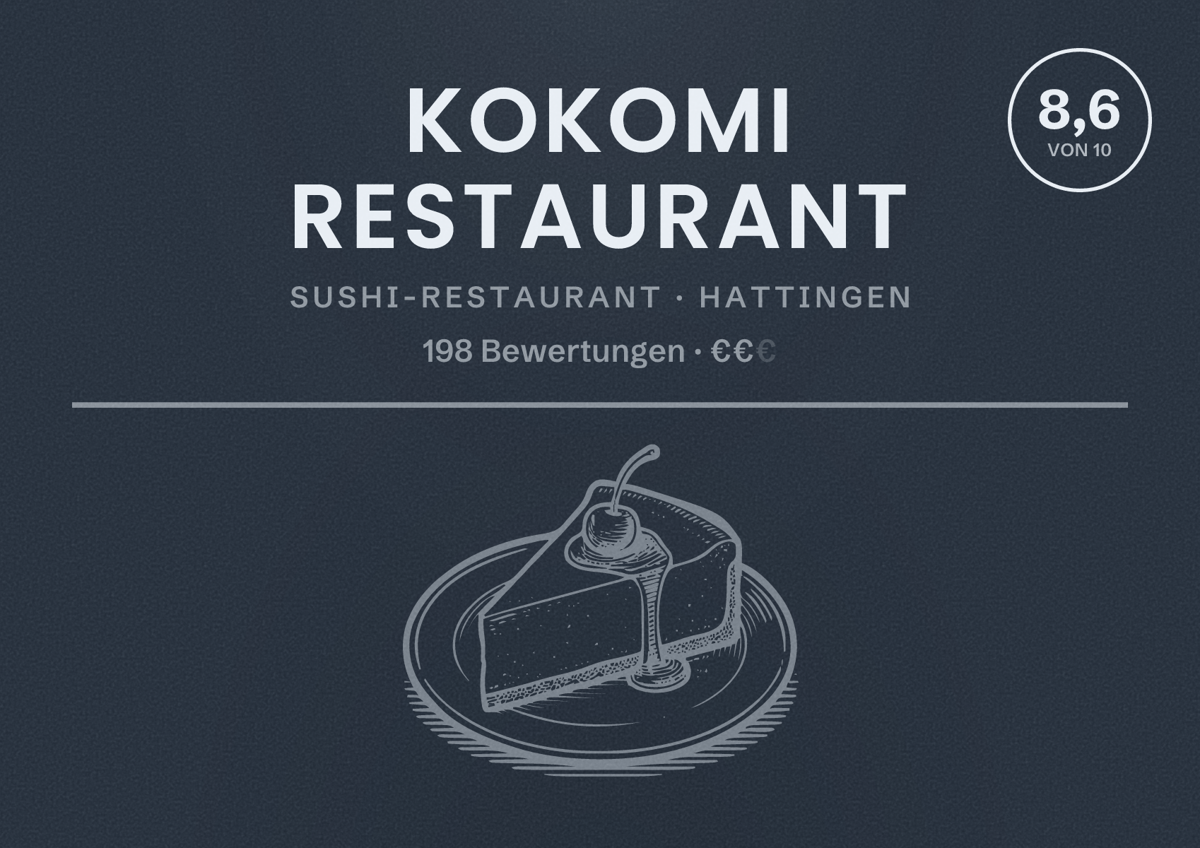 Illustriertes Poster von KOKOMI RESTAURANT, Sushi-Restaurant in Hattingen: Bewertung 8,6 von 10 aus 198 Bewertungen, Preisniveau €€