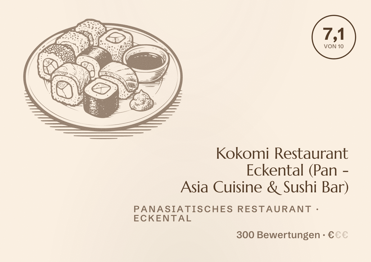 Illustriertes Poster von Kokomi Restaurant Eckental (Pan - Asia Cuisine & Sushi Bar), Panasiatisches Restaurant in Eckental: Bewertung 7,1 von 10 aus 300 Bewertungen, Preisniveau €