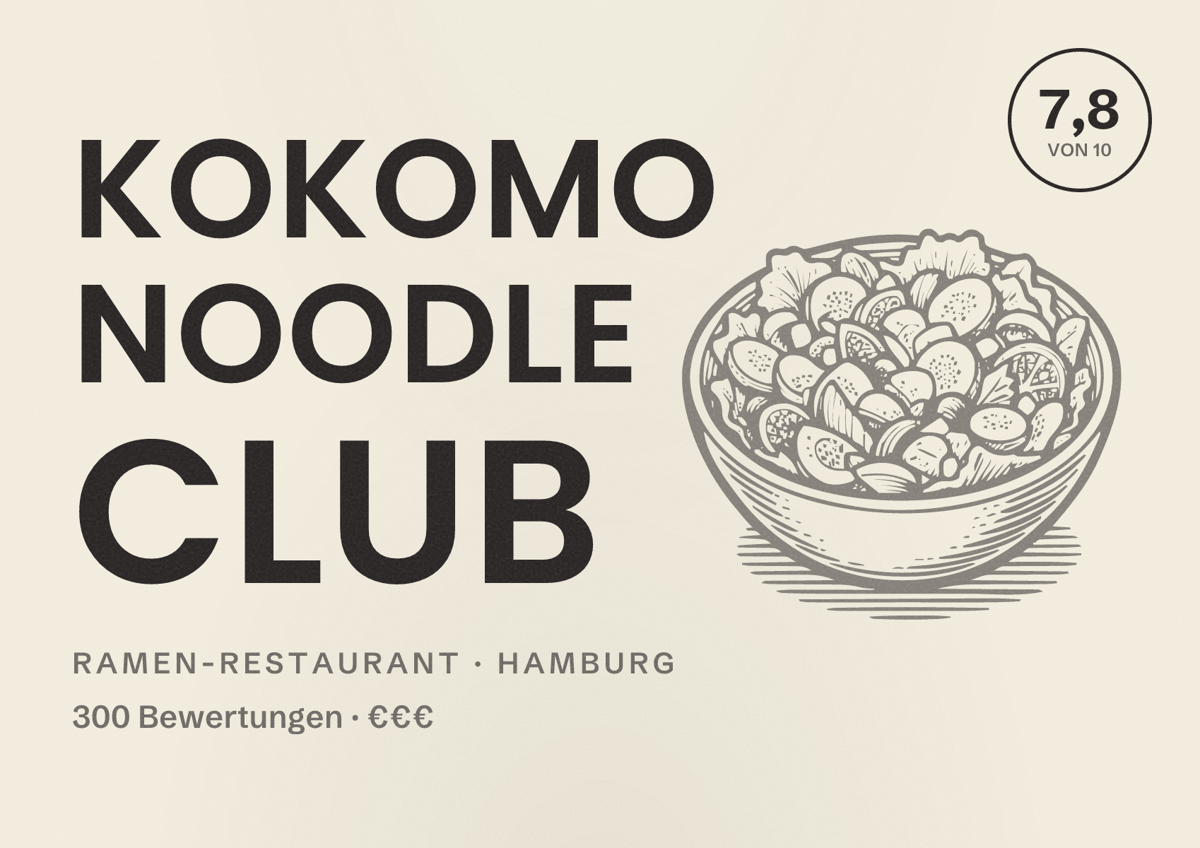 Illustriertes Poster von Kokomo Noodle Club, Ramen-Restaurant in Hamburg: Bewertung 7,8 von 10 aus 300 Bewertungen, Preisniveau €€€