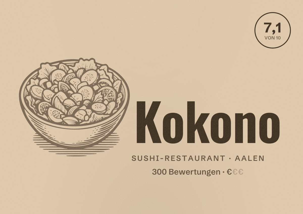 Illustriertes Poster von Kokono, Sushi-Restaurant in Aalen: Bewertung 7,1 von 10 aus 300 Bewertungen, Preisniveau €