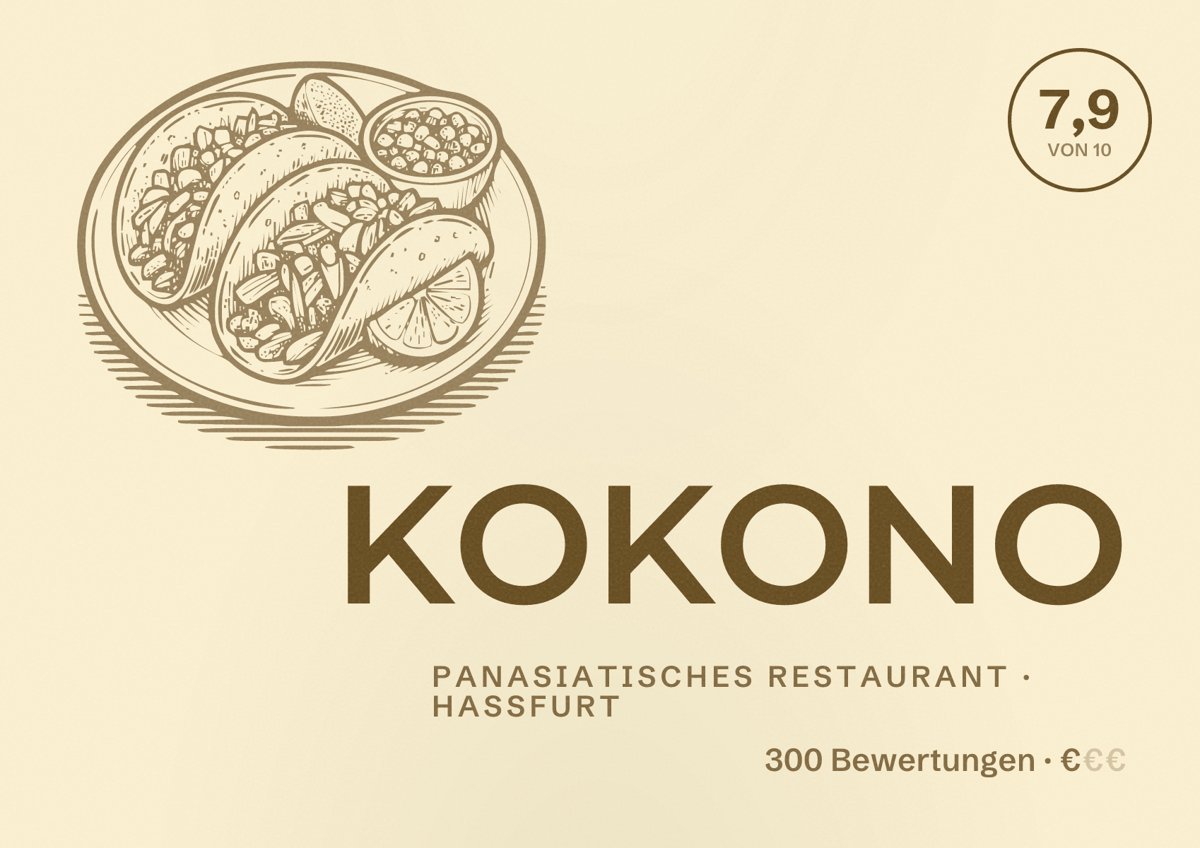 Illustriertes Poster von KOKONO, Panasiatisches Restaurant in Haßfurt: Bewertung 7,9 von 10 aus 300 Bewertungen, Preisniveau €