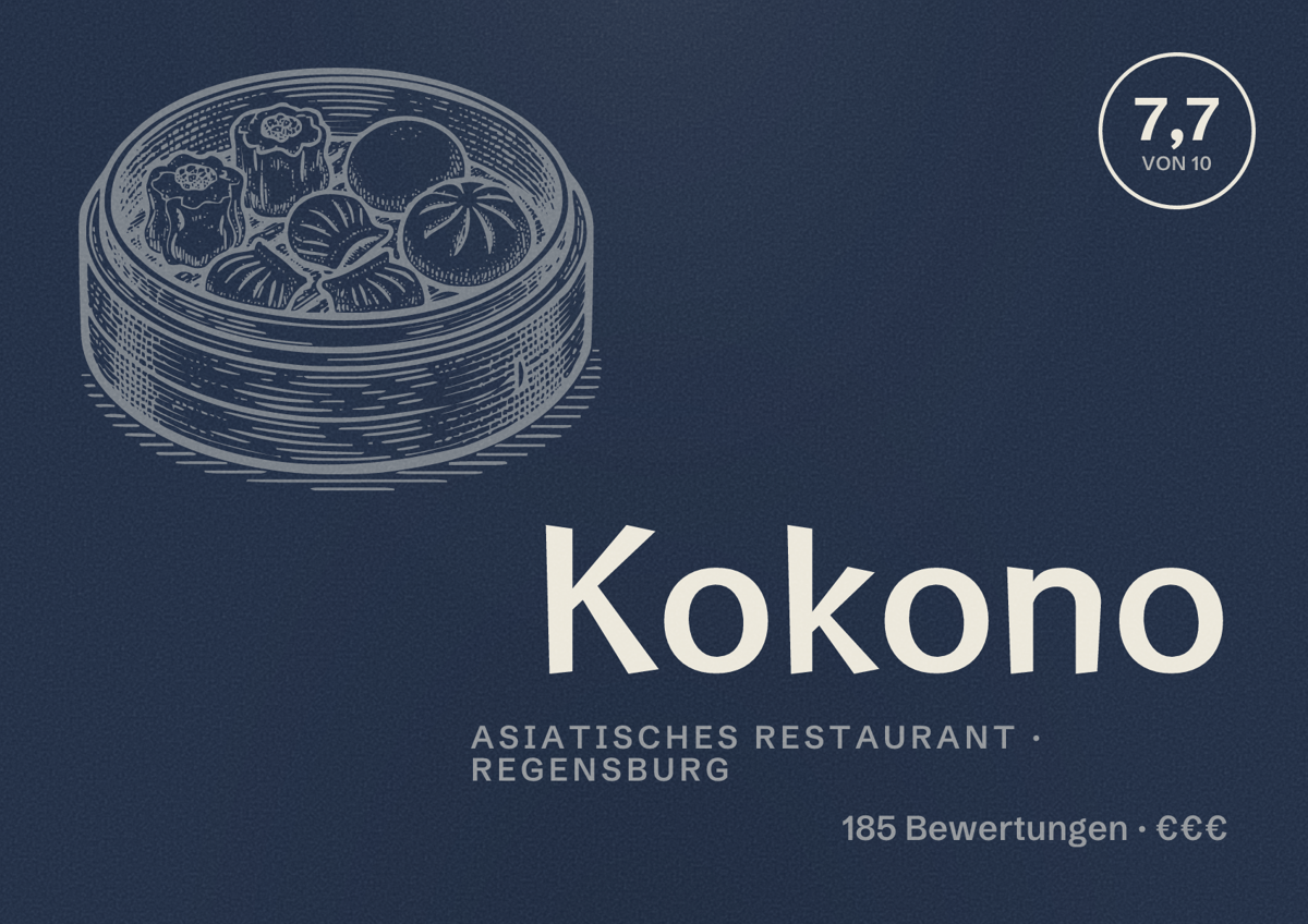 Illustriertes Poster von Kokono, Asiatisches Restaurant in Regensburg: Bewertung 7,7 von 10 aus 185 Bewertungen, Preisniveau €€€