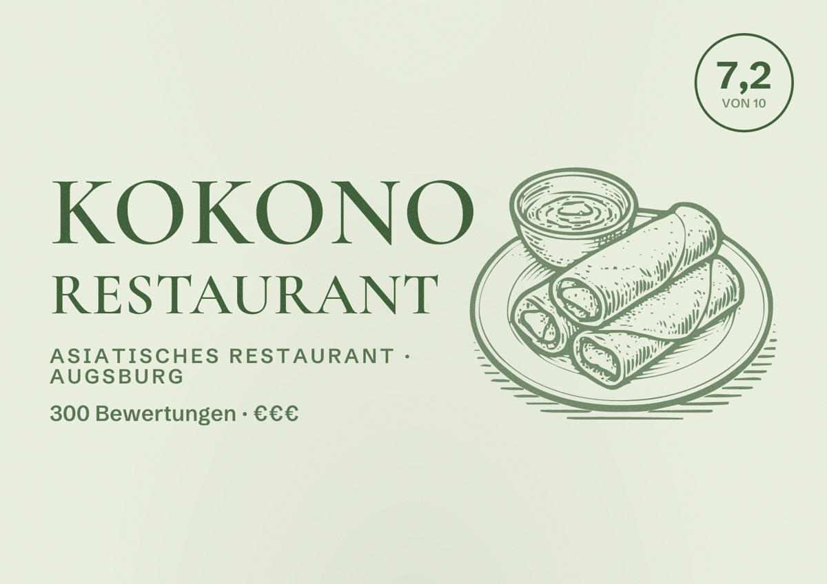 Illustriertes Poster von Kokono Restaurant, Asiatisches Restaurant in Augsburg: Bewertung 7,2 von 10 aus 300 Bewertungen, Preisniveau €€€