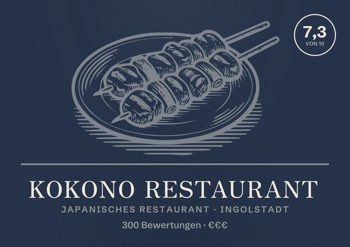 Illustriertes Poster von Kokono Restaurant, Japanisches Restaurant in Ingolstadt: Bewertung 7,3 von 10 aus 300 Bewertungen, Preisniveau €€€
