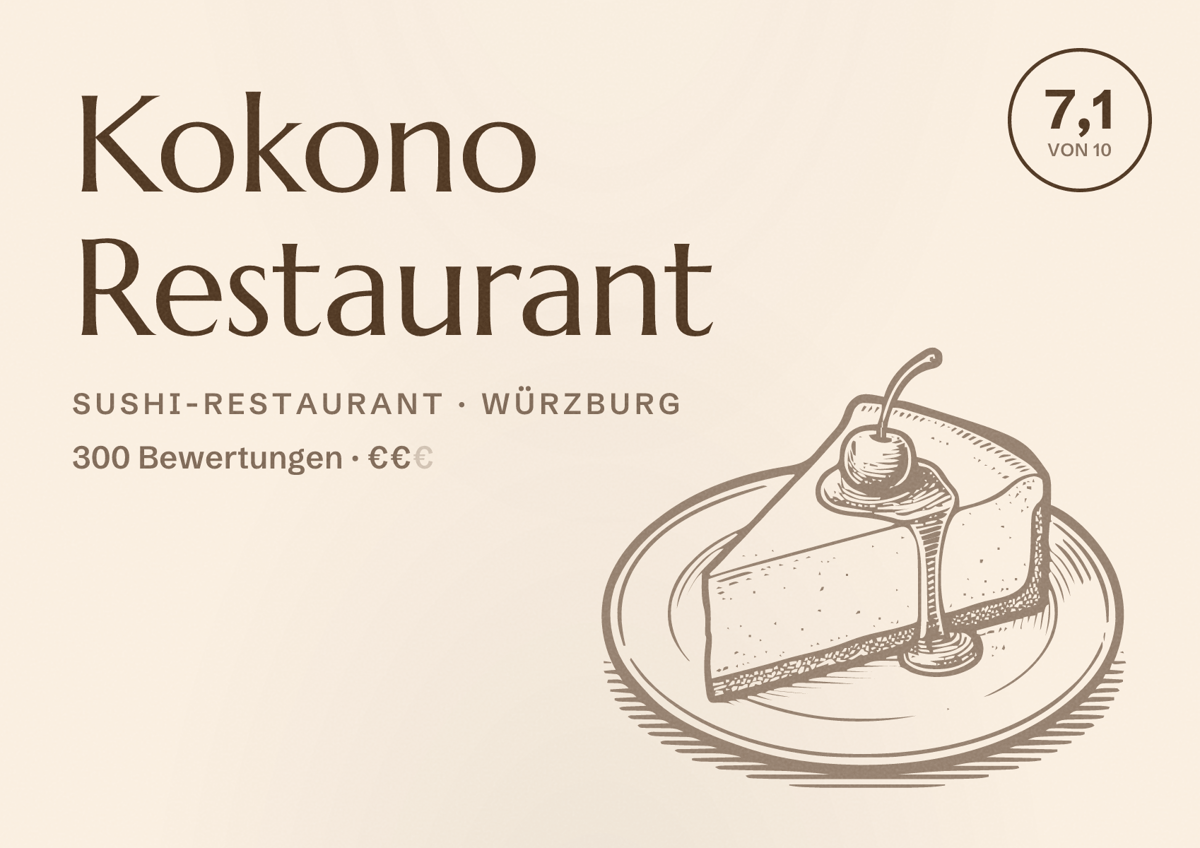 Illustriertes Poster von Kokono Restaurant, Sushi-Restaurant in Würzburg: Bewertung 7,1 von 10 aus 300 Bewertungen, Preisniveau €€