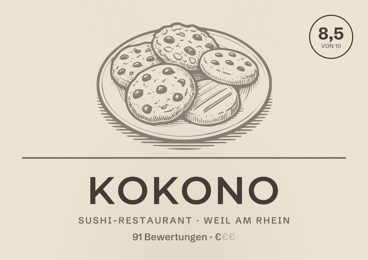 Illustriertes Poster von KoKoNo, Sushi-Restaurant in Weil am Rhein: Bewertung 8,5 von 10 aus 91 Bewertungen, Preisniveau €