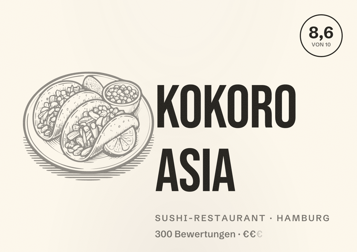 Illustriertes Poster von Kokoro Asia, Sushi-Restaurant in Hamburg: Bewertung 8,6 von 10 aus 300 Bewertungen, Preisniveau €€