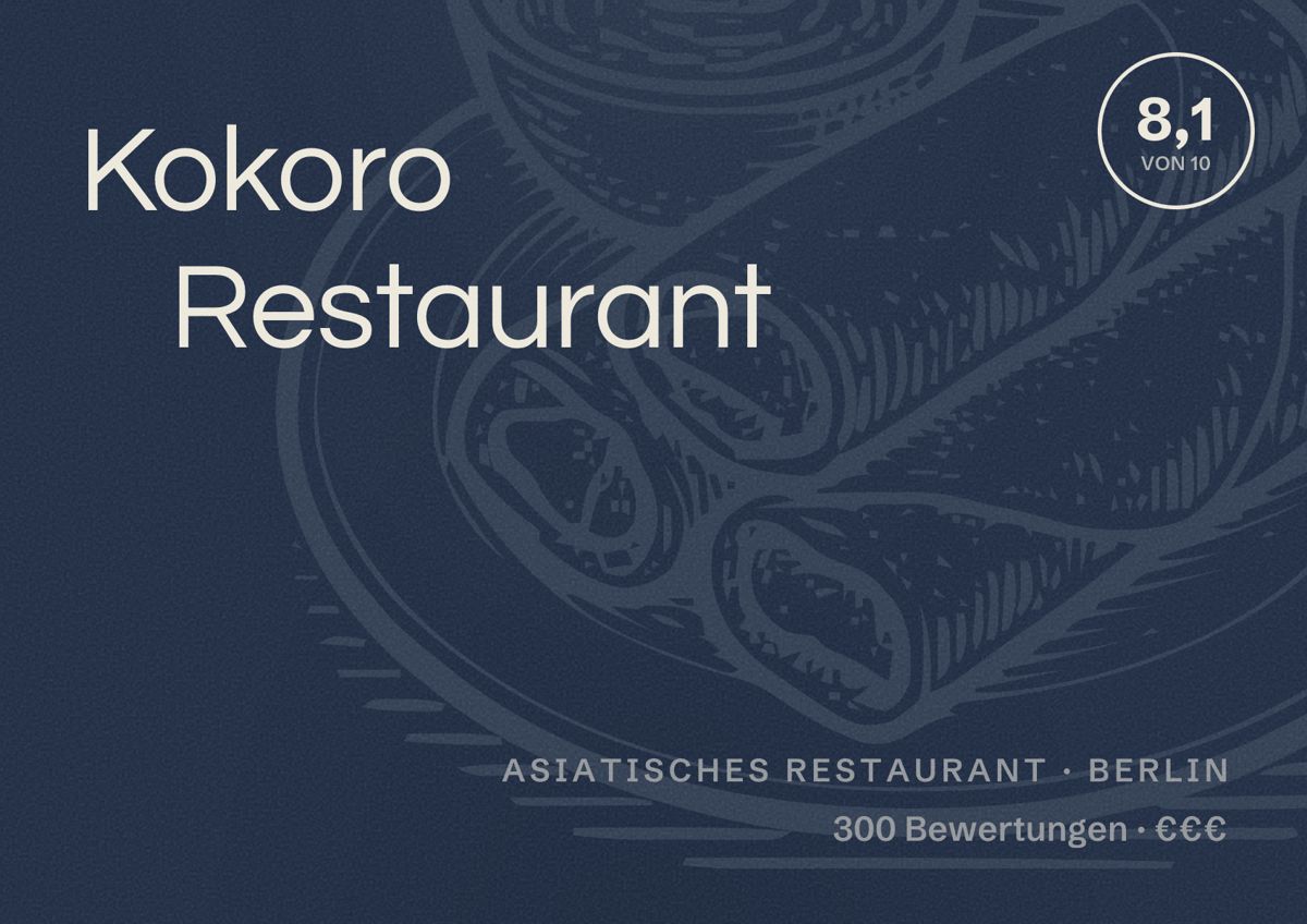 Illustriertes Poster von Kokoro Restaurant, Asiatisches Restaurant in Berlin: Bewertung 8,1 von 10 aus 300 Bewertungen, Preisniveau €€€