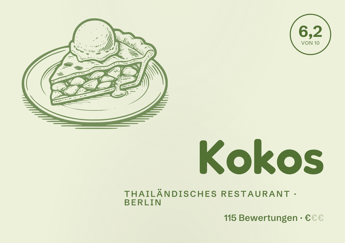 Illustriertes Poster von Kokos, Thailändisches Restaurant in Berlin: Bewertung 6,2 von 10 aus 115 Bewertungen, Preisniveau €