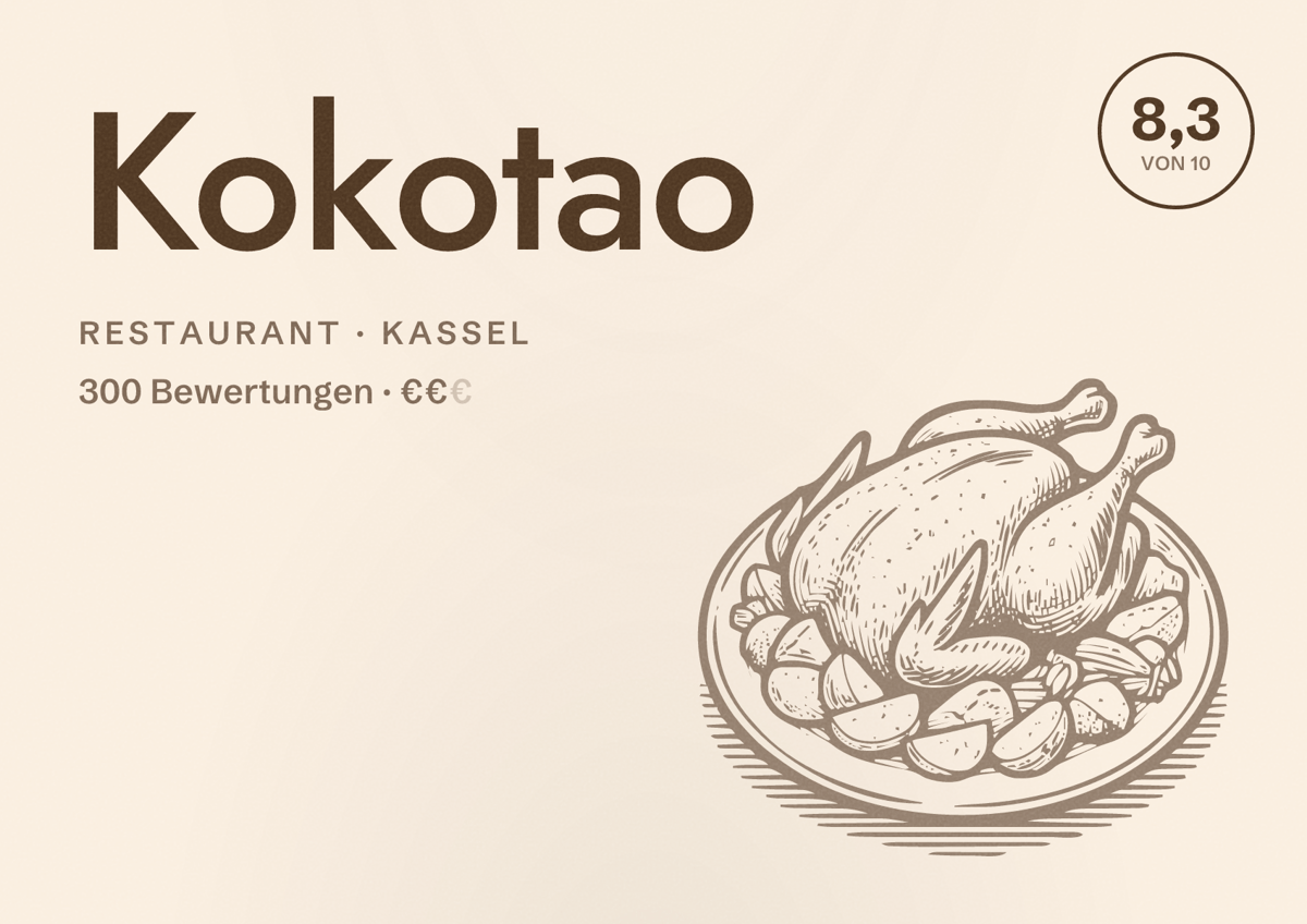 Illustriertes Poster von Kokotao, Restaurant in Kassel: Bewertung 8,3 von 10 aus 300 Bewertungen, Preisniveau €€