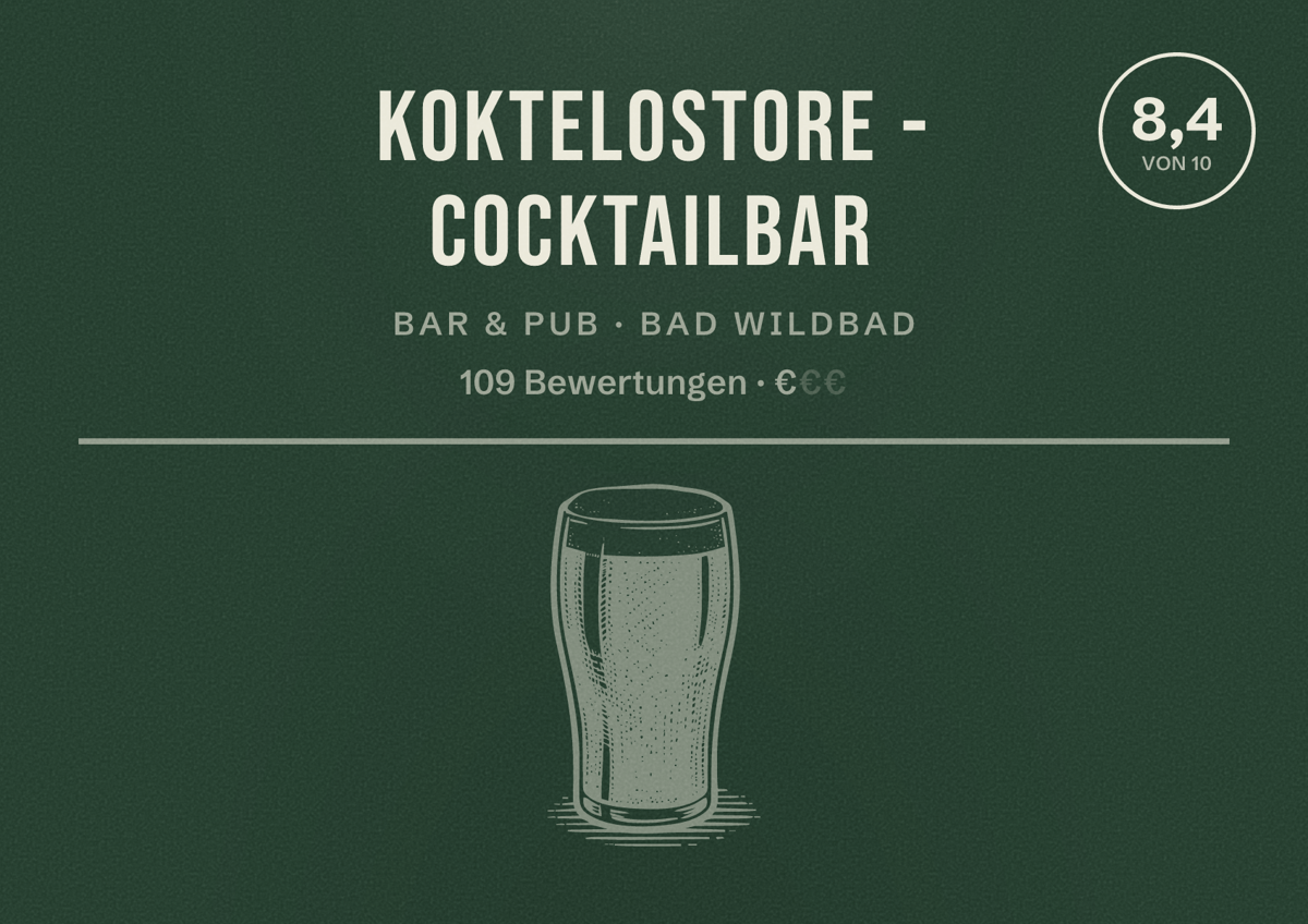 Illustriertes Poster von koktelostore - Cocktailbar, Bar & Pub in Bad Wildbad: Bewertung 8,4 von 10 aus 109 Bewertungen, Preisniveau €