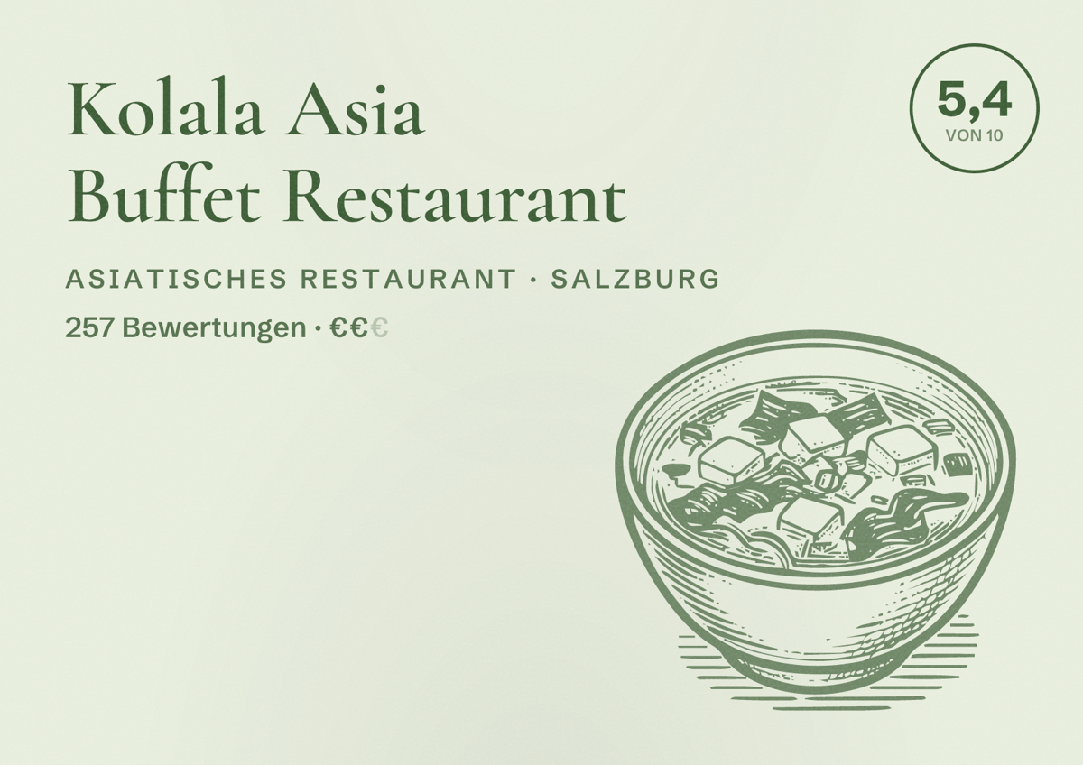 Illustriertes Poster von Kolala Asia Buffet Restaurant, Asiatisches Restaurant in Salzburg: Bewertung 5,4 von 10 aus 257 Bewertungen, Preisniveau €€