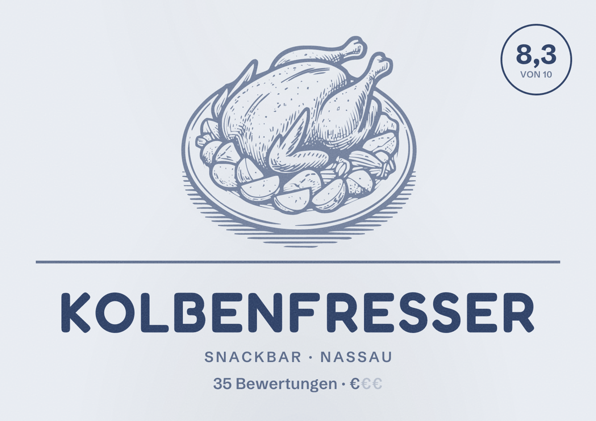 Illustriertes Poster von Kolbenfresser, Snackbar in Nassau: Bewertung 8,3 von 10 aus 35 Bewertungen, Preisniveau €