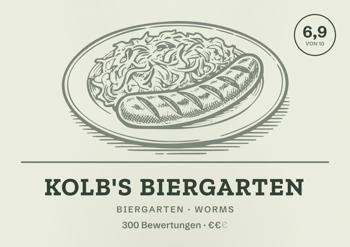 Illustriertes Poster von Kolb's Biergarten, Biergarten in Worms: Bewertung 6,9 von 10 aus 300 Bewertungen, Preisniveau €€