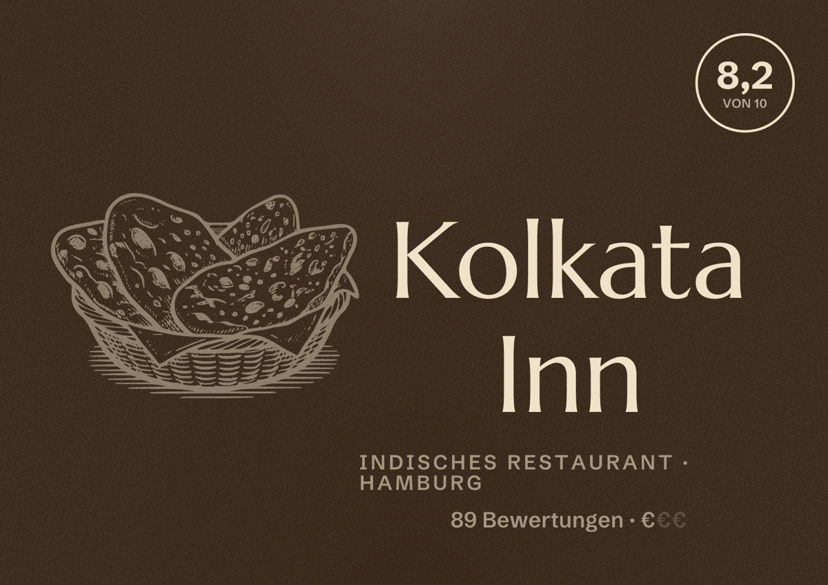 Illustriertes Poster von Kolkata Inn, Indisches Restaurant in Hamburg: Bewertung 8,2 von 10 aus 89 Bewertungen, Preisniveau €