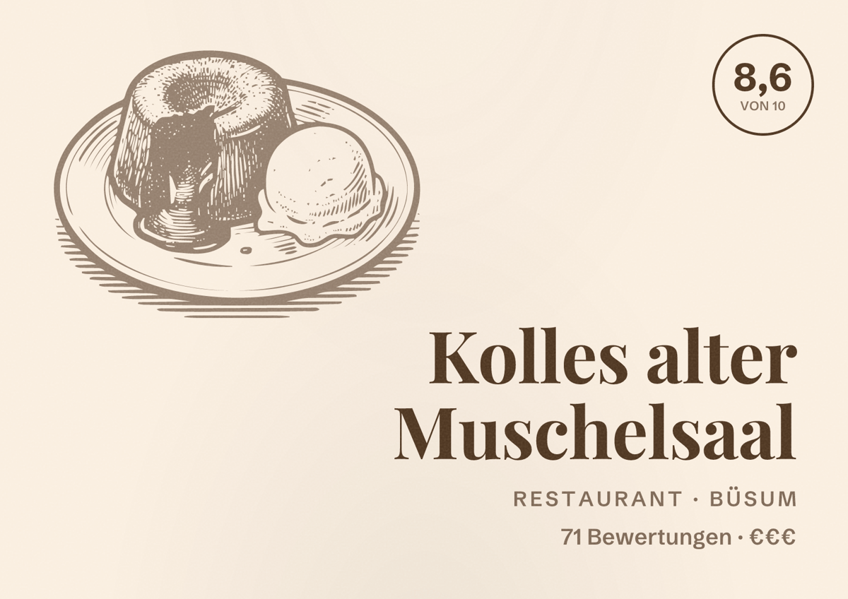 Illustriertes Poster von Kolles alter Muschelsaal, Restaurant in Büsum: Bewertung 8,6 von 10 aus 71 Bewertungen, Preisniveau €€€