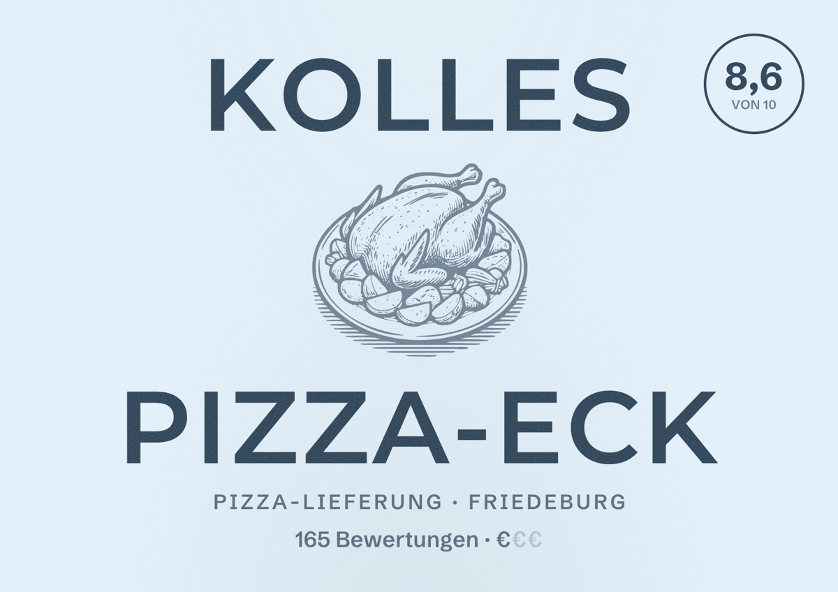 Illustriertes Poster von Kolles Pizza-Eck, Pizza-Lieferung in Friedeburg: Bewertung 8,6 von 10 aus 165 Bewertungen, Preisniveau €