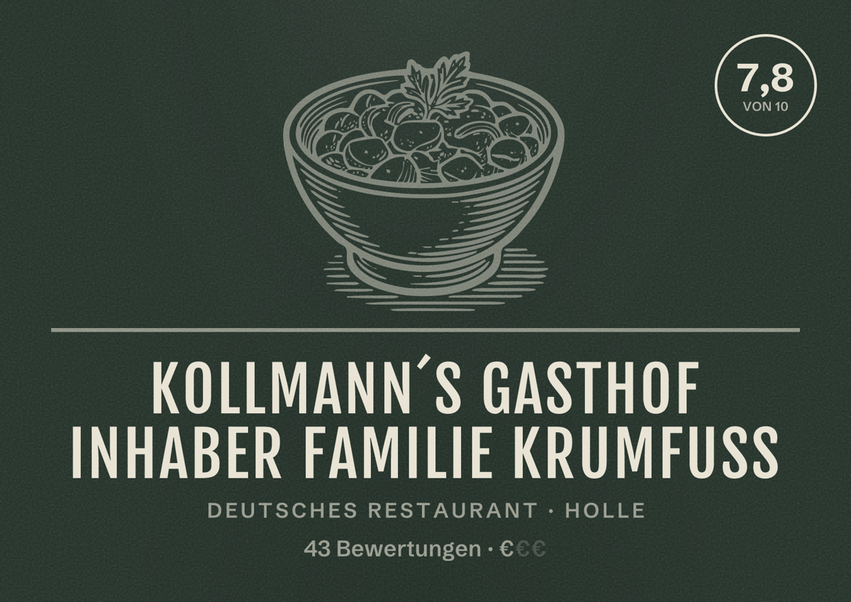 Illustriertes Poster von Kollmann´s Gasthof Inhaber Familie Krumfuß, Deutsches Restaurant in Holle: Bewertung 7,8 von 10 aus 43 Bewertungen, Preisniveau €