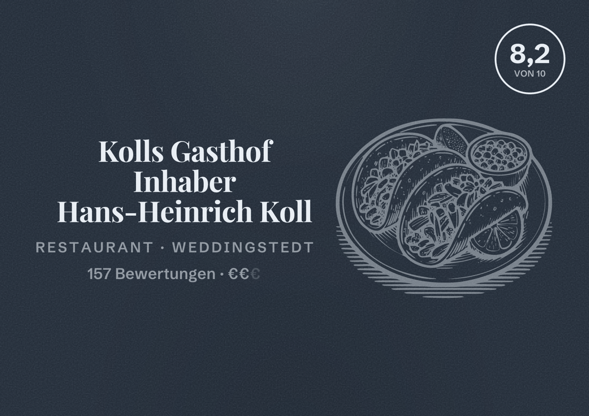 Illustriertes Poster von Kolls Gasthof Inhaber Hans-Heinrich Koll, Restaurant in Weddingstedt: Bewertung 8,2 von 10 aus 157 Bewertungen, Preisniveau €€