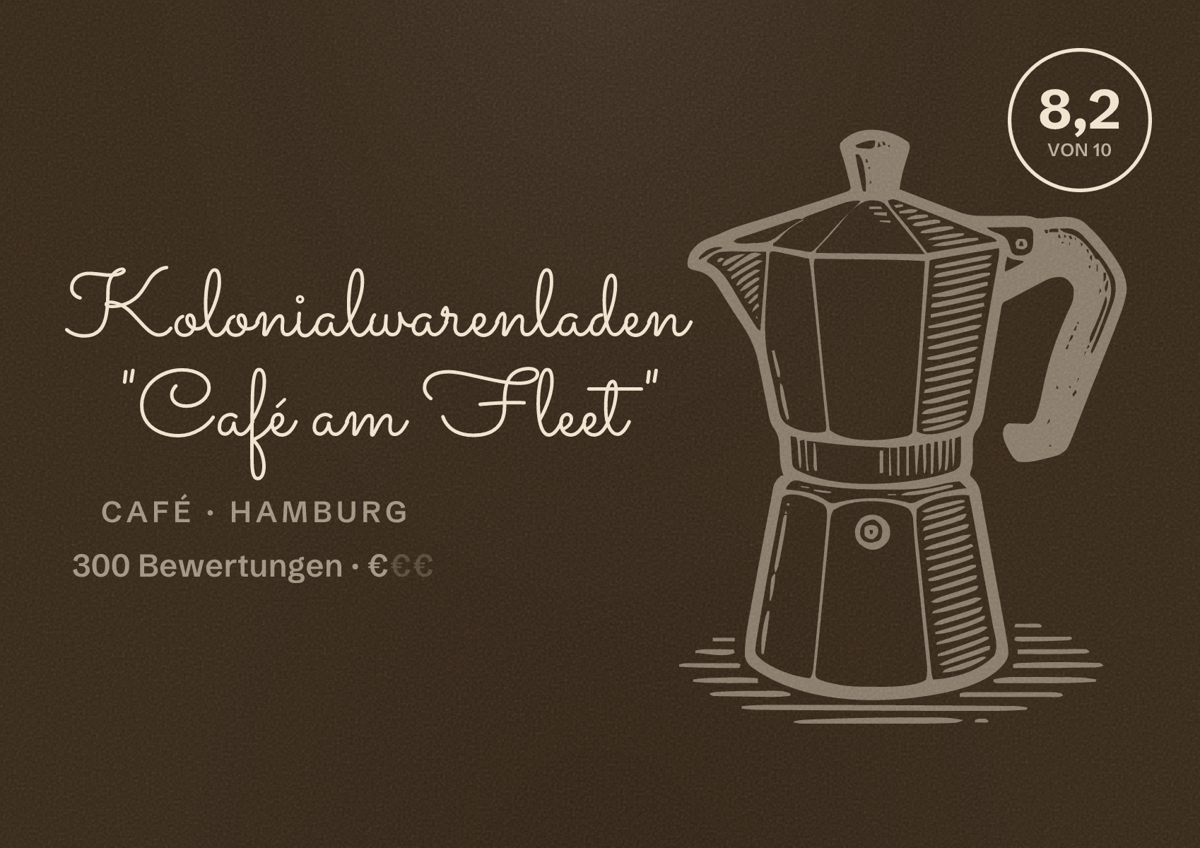 Illustriertes Poster von Kolonialwarenladen "Café am Fleet", Café in Hamburg: Bewertung 8,2 von 10 aus 300 Bewertungen, Preisniveau €