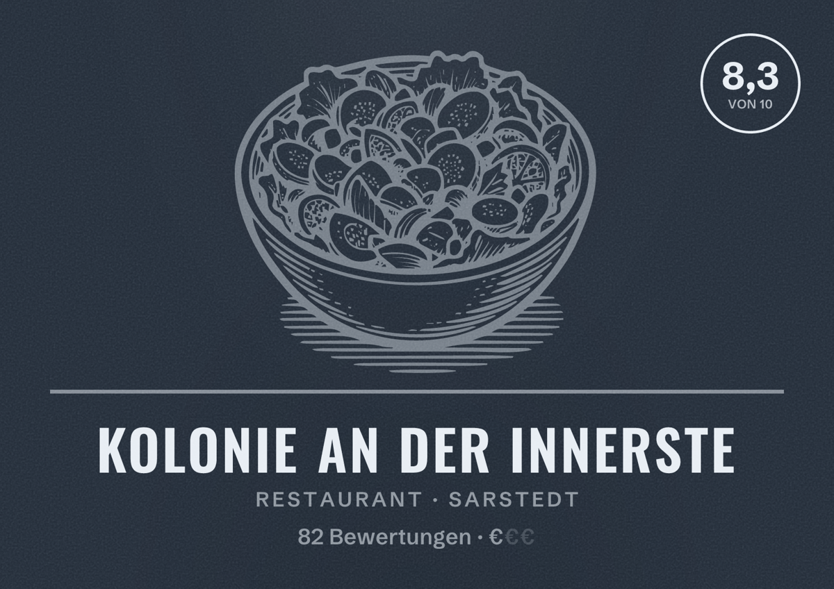 Illustriertes Poster von Kolonie an der Innerste, Restaurant in Sarstedt: Bewertung 8,3 von 10 aus 82 Bewertungen, Preisniveau €