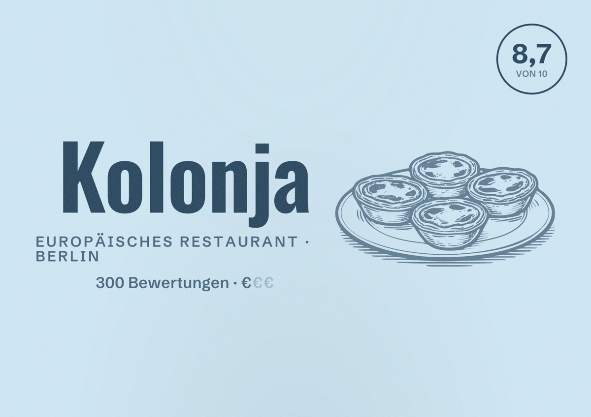Illustriertes Poster von Kolonja, Europäisches Restaurant in Berlin: Bewertung 8,7 von 10 aus 300 Bewertungen, Preisniveau €
