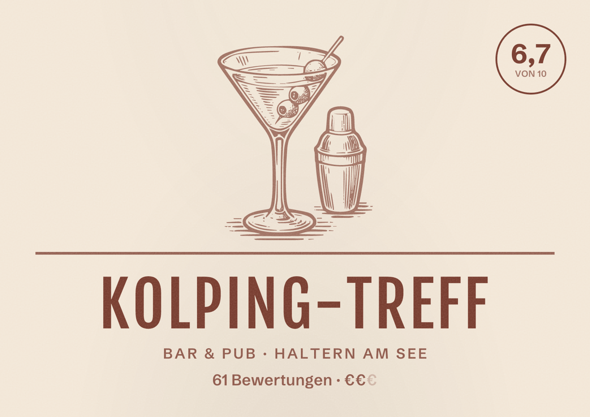 Illustriertes Poster von Kolping-Treff, Bar & Pub in Haltern am See: Bewertung 6,7 von 10 aus 61 Bewertungen, Preisniveau €€