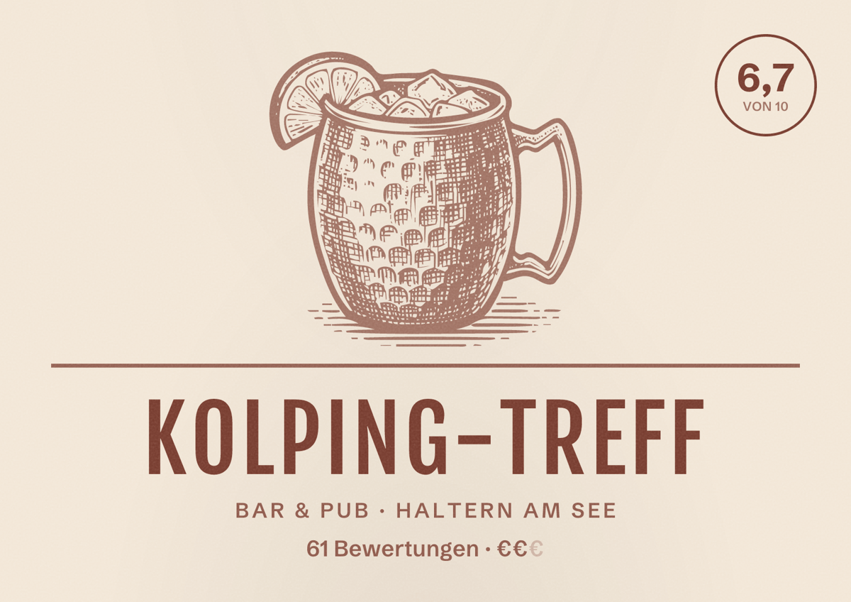 Illustriertes Poster von Kolping-Treff, Bar & Pub in Haltern am See: Bewertung 6,7 von 10 aus 61 Bewertungen, Preisniveau €€