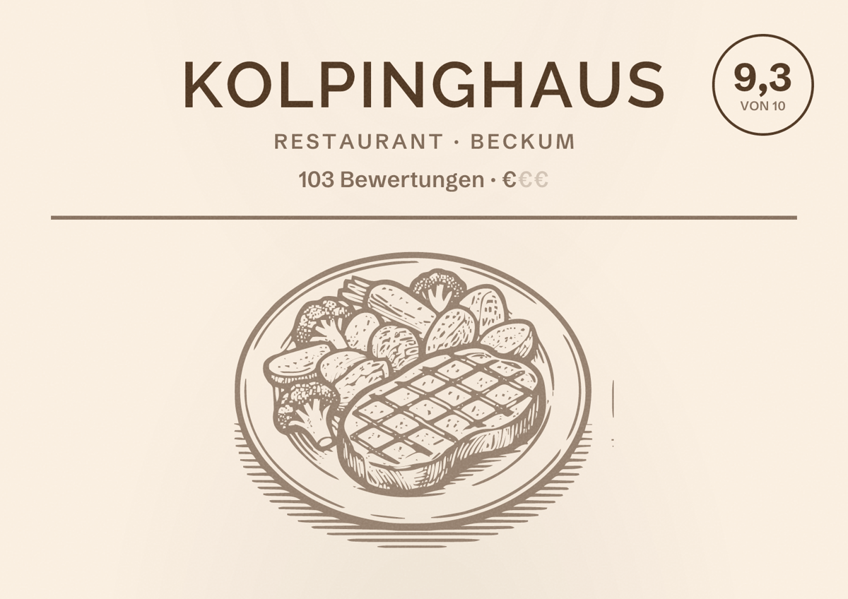 Illustriertes Poster von Kolpinghaus, Restaurant in Beckum: Bewertung 9,3 von 10 aus 103 Bewertungen, Preisniveau €