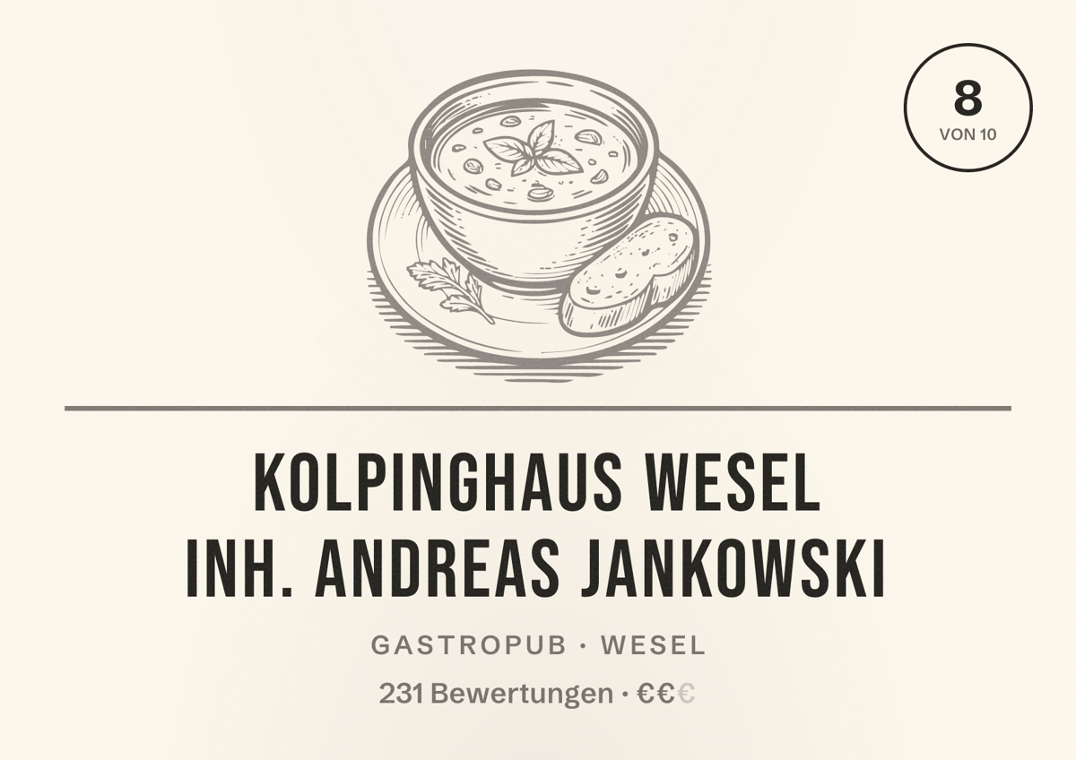 Illustriertes Poster von Kolpinghaus Wesel Inh. Andreas Jankowski, Gastropub in Wesel: Bewertung 8 von 10 aus 231 Bewertungen, Preisniveau €€