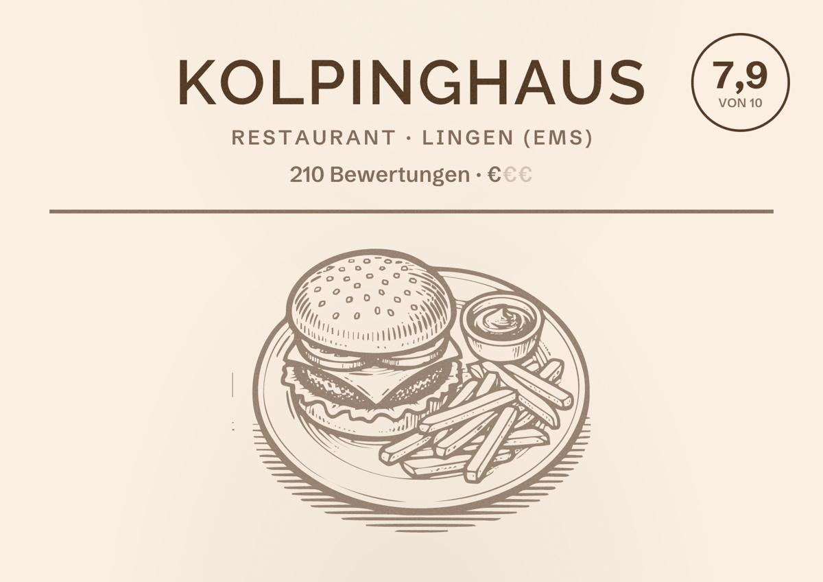 Illustriertes Poster von Kolpinghaus, Restaurant in Lingen (Ems): Bewertung 7,9 von 10 aus 210 Bewertungen, Preisniveau €