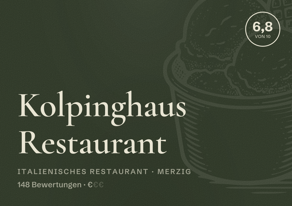 Illustriertes Poster von Kolpinghaus Restaurant, Italienisches Restaurant in Merzig: Bewertung 6,8 von 10 aus 148 Bewertungen, Preisniveau €