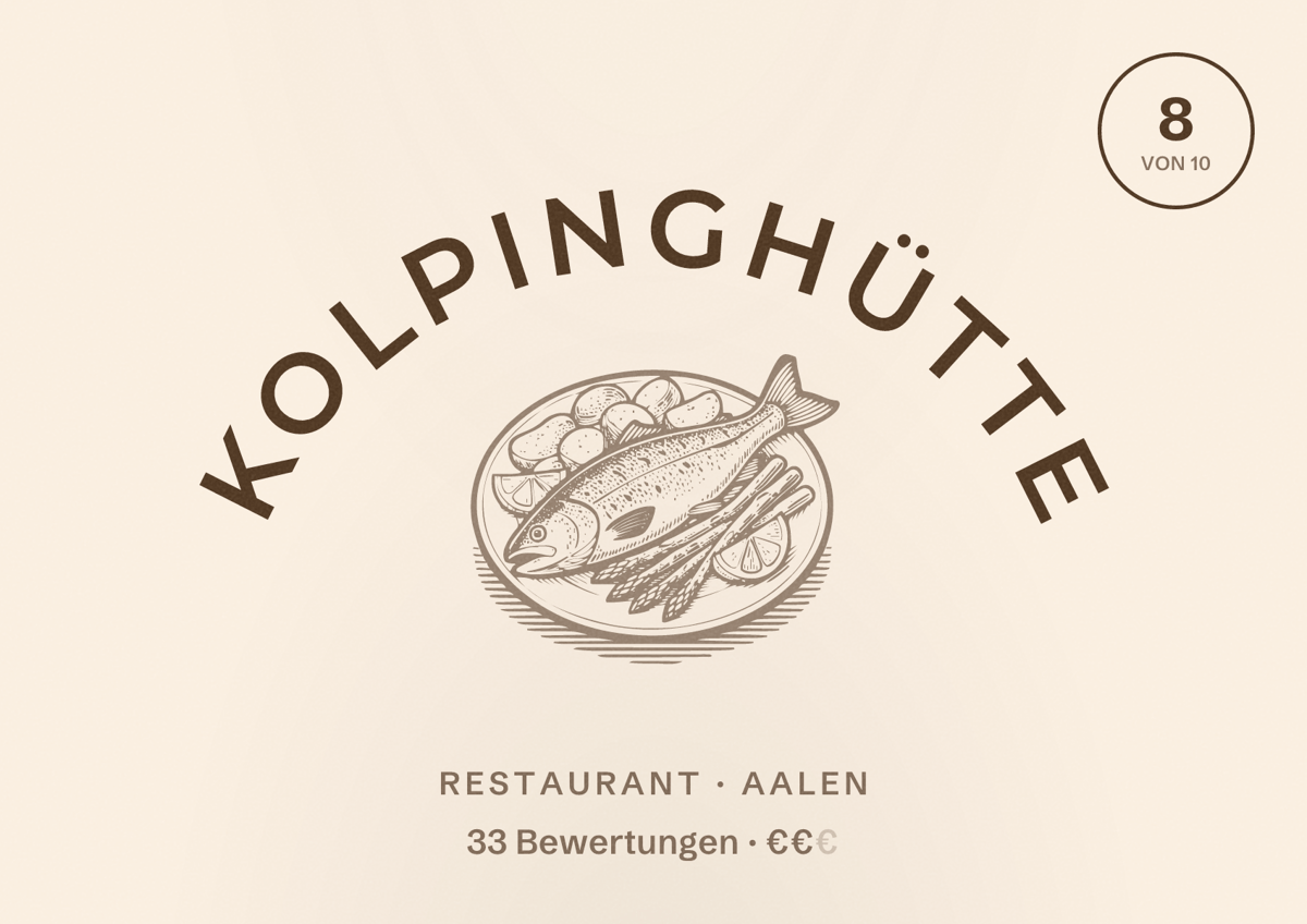Illustriertes Poster von Kolpinghütte, Restaurant in Aalen: Bewertung 8 von 10 aus 33 Bewertungen, Preisniveau €€