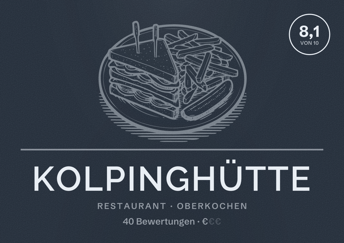 Illustriertes Poster von Kolpinghütte, Restaurant in Oberkochen: Bewertung 8,1 von 10 aus 40 Bewertungen, Preisniveau €